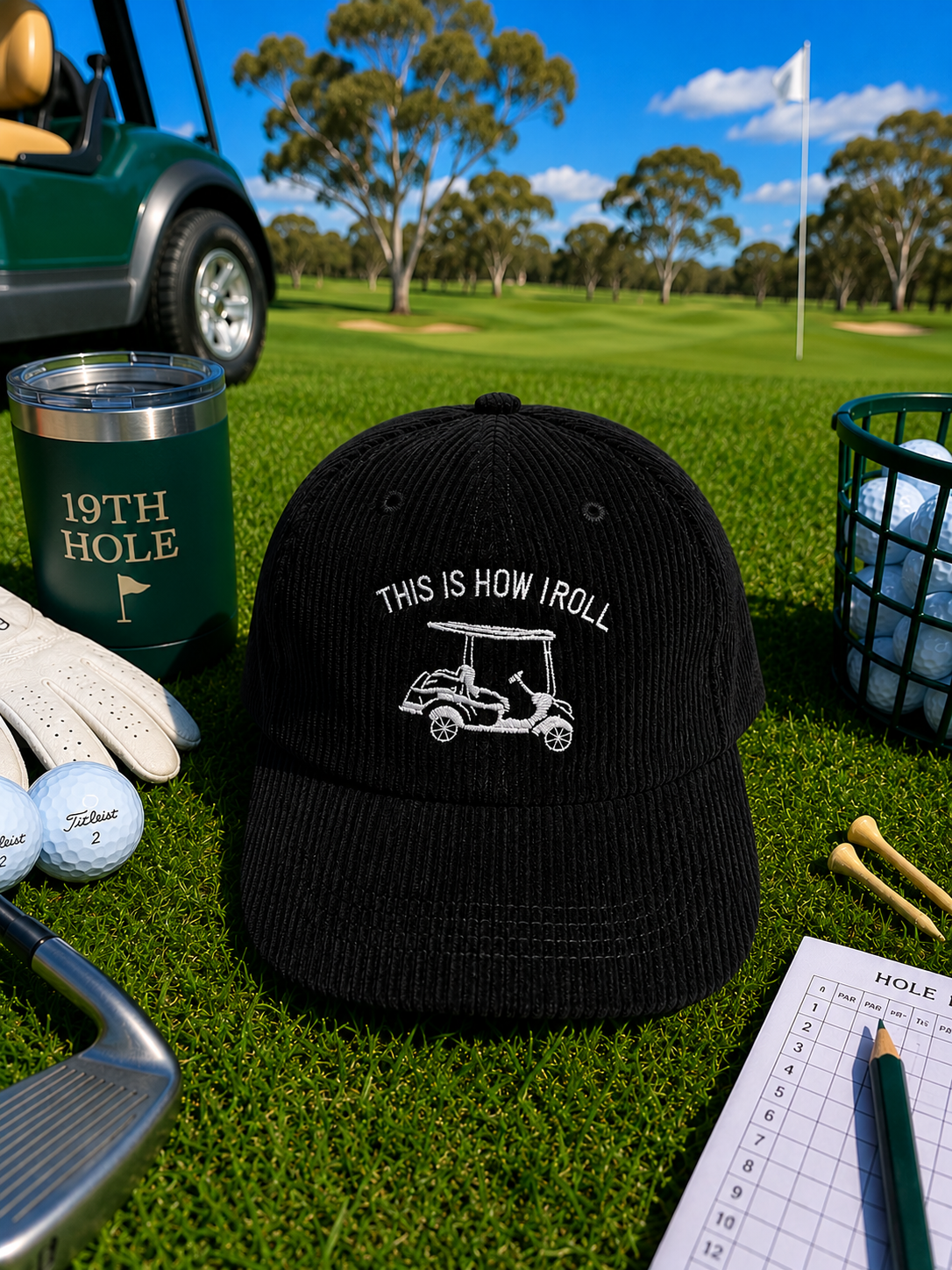 A black corduroy baseball cap with white embroidered text reading 'THIS IS HOW I ROLL' and a golf cart graphic, displayed on a golf course with golf clubs, a tumbler, golf balls, and other golf accessories around it.