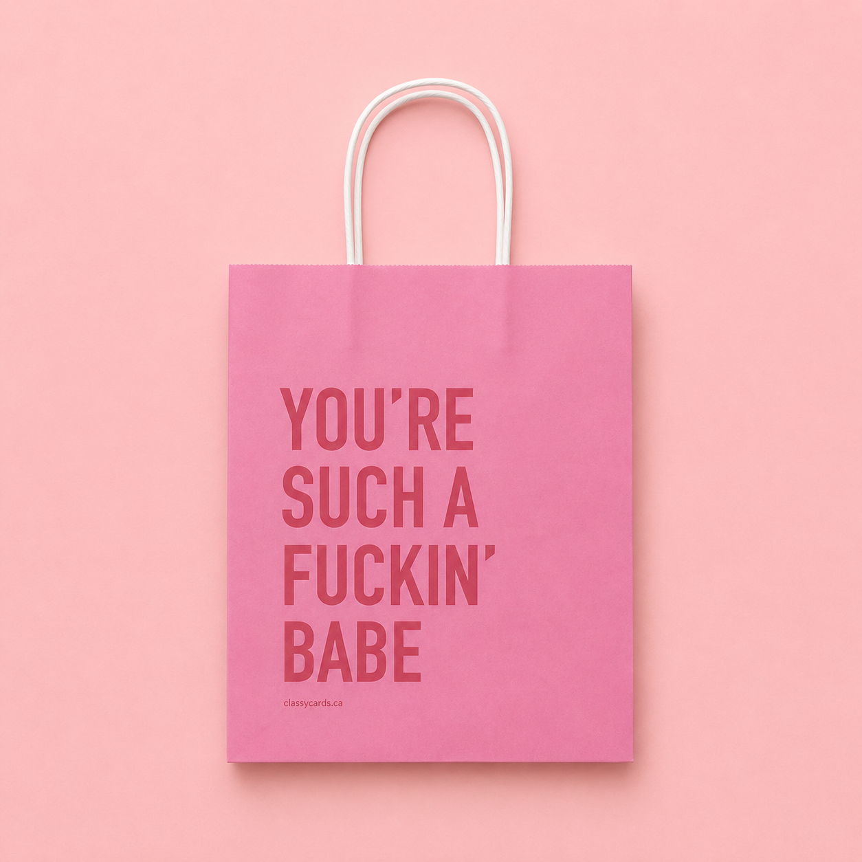 Pink gift bag with the words YOU'RE SUCH A FUCKIN' BABE