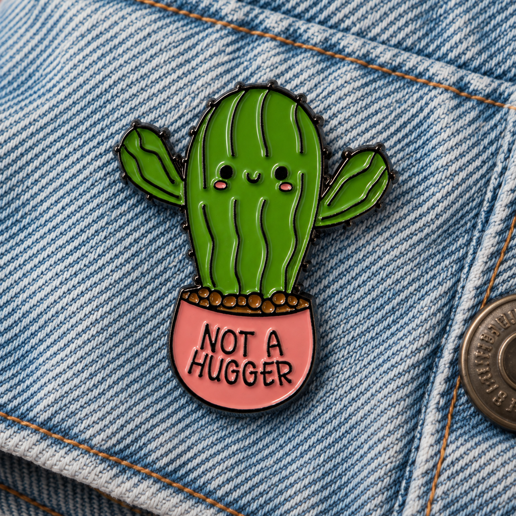Not a Hugger cactus enamel pin close up
