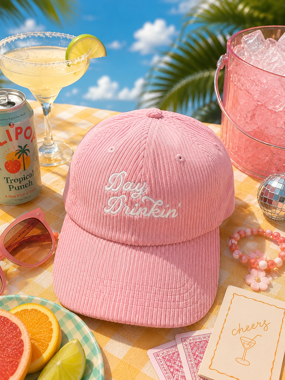 A pink corduroy baseball cap with 'Day Drinkin'' embroidered on the front, styled on a yellow-and-white checkered tablecloth with tropical drinks, sunglasses, cards, and palm leaves in the background.