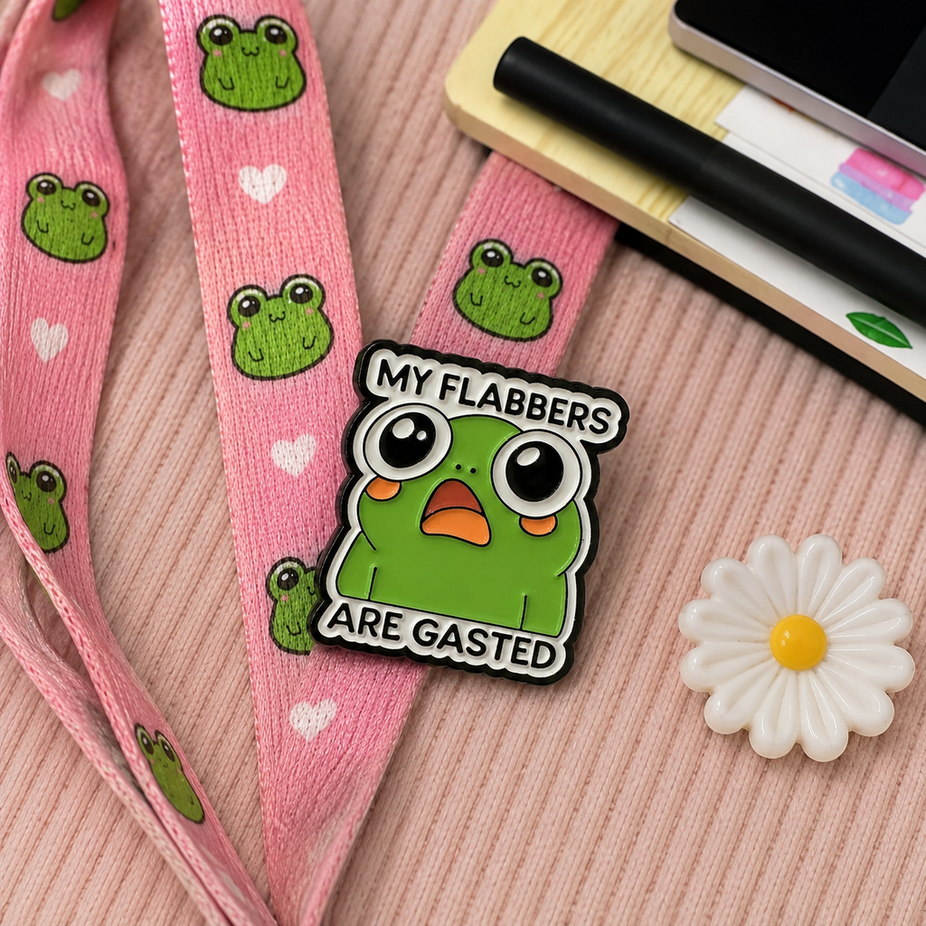 My Flabbers Are Ghasted frog enamel pin on lanyard