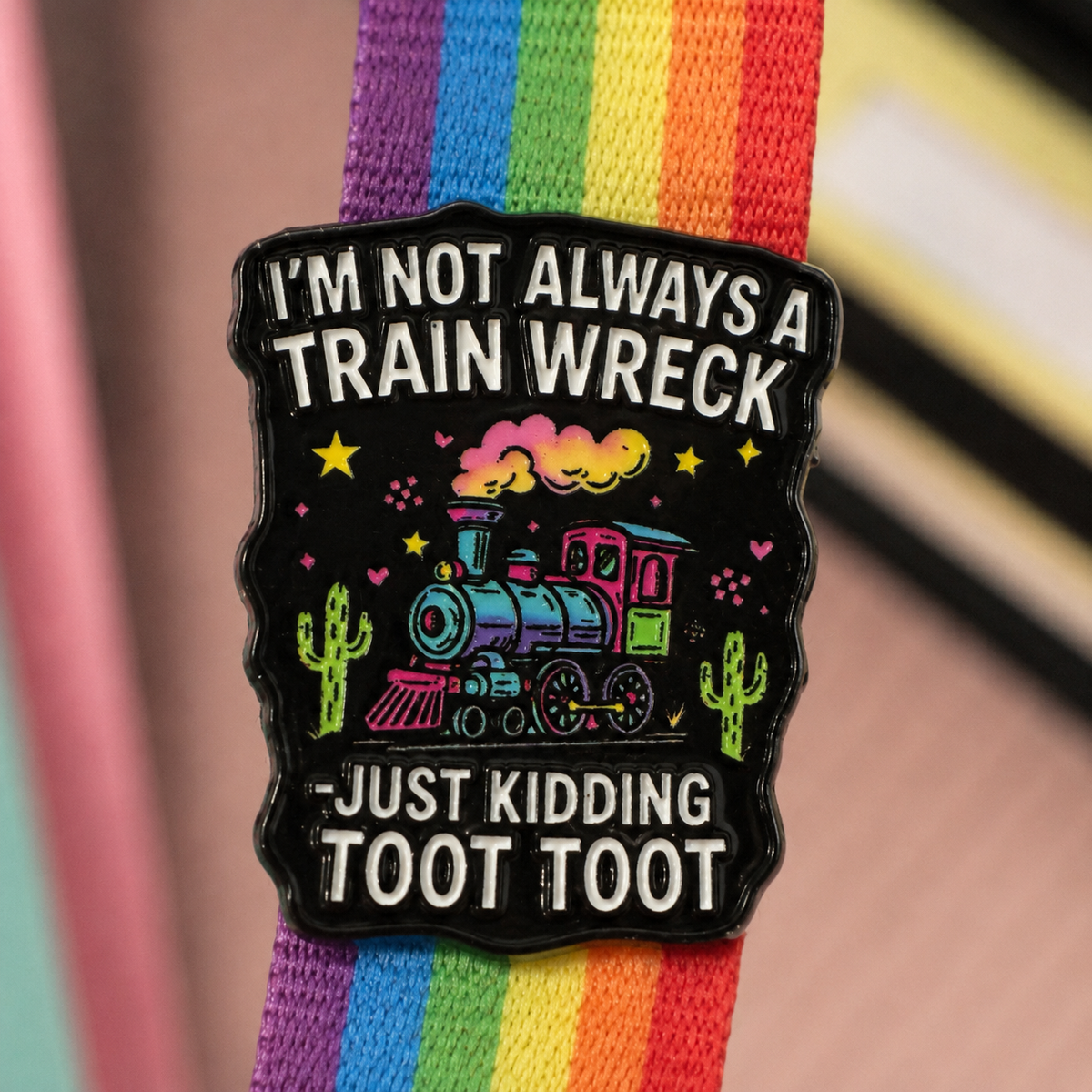 Toot Toot train wreck enamel pin close up