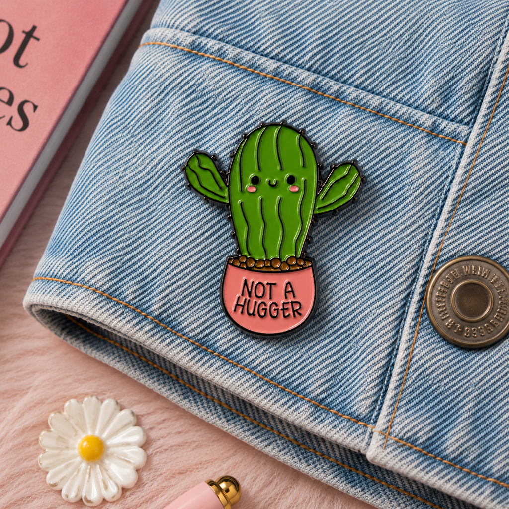 Not a Hugger cactus enamel pin on denim