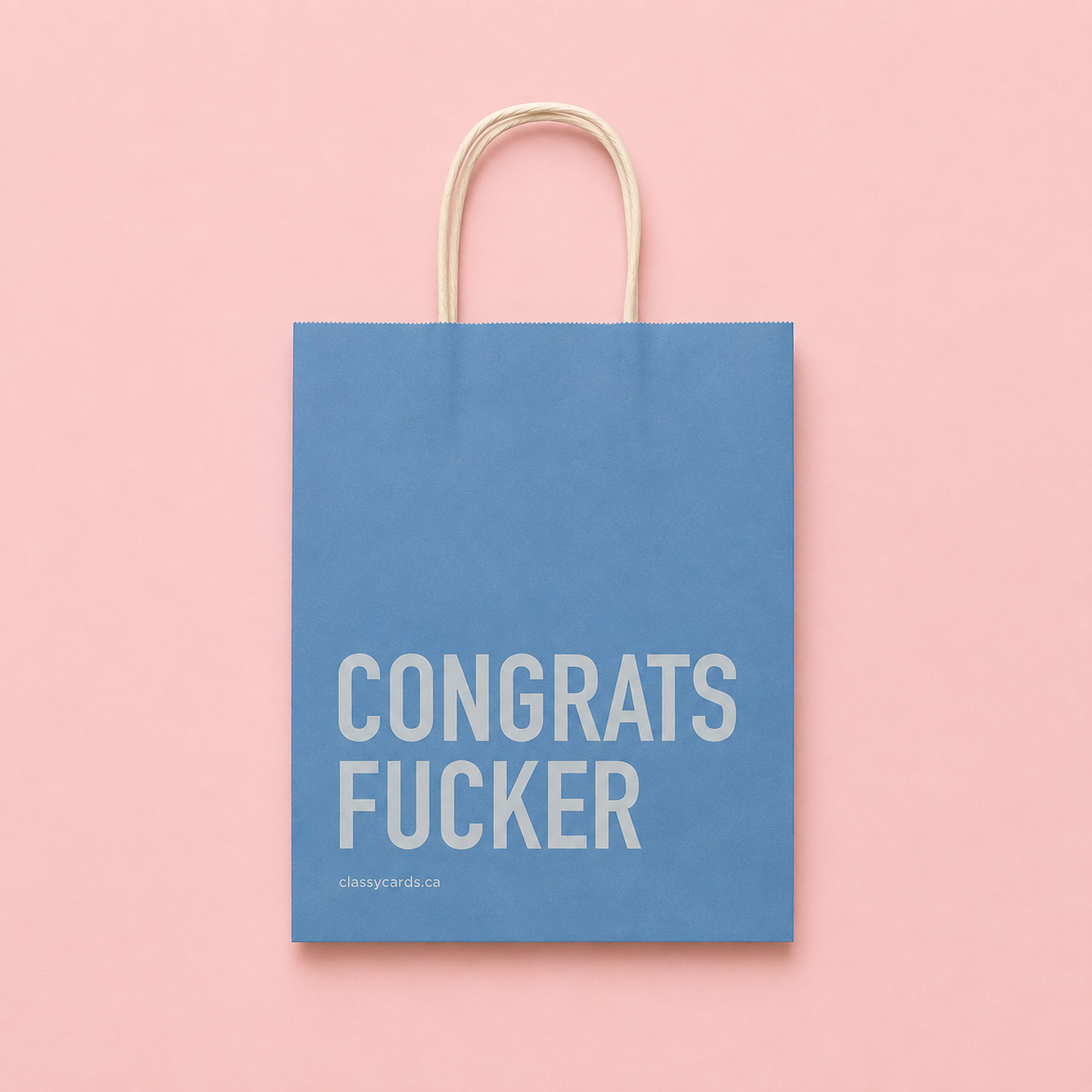 Blue gift bag with the words CONGRATS FUCKER