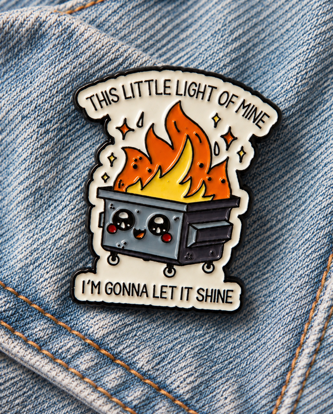 This Little Light Of Mine dumpster fire enamel pin close up