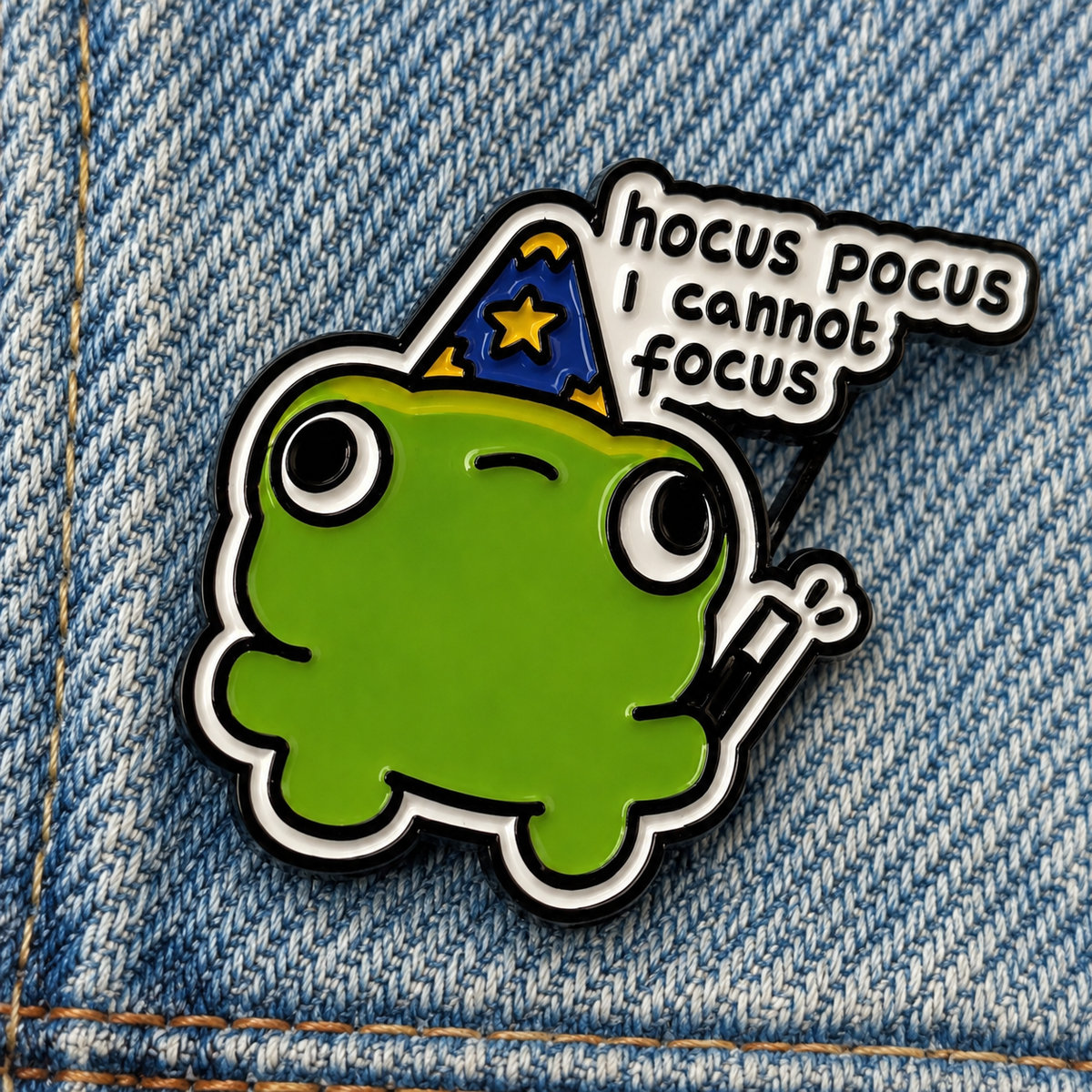Hocus Pocus I Cannot Focus frog enamel pin close up