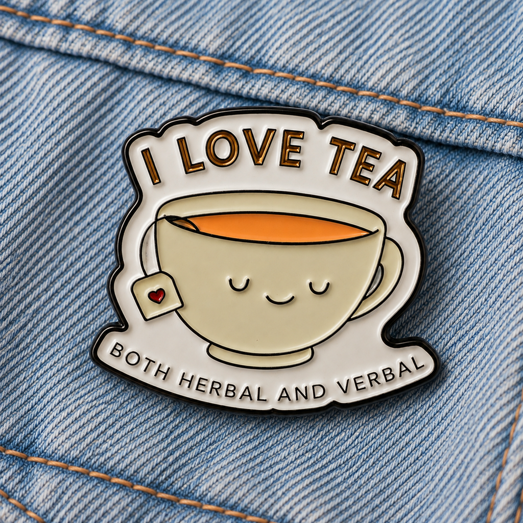 I Love Tea enamel pin close up