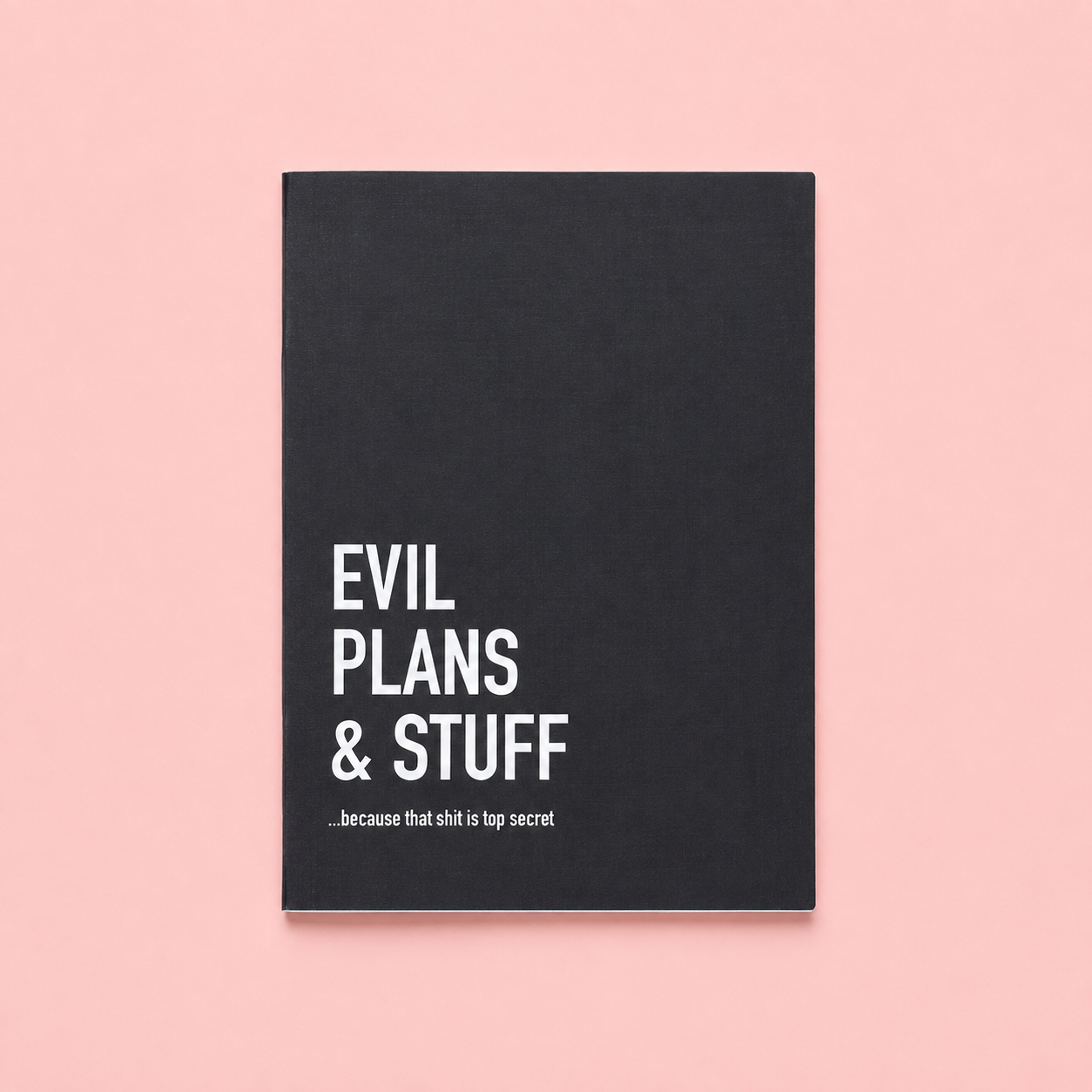 Black notebook with the words EVIL PLANS AND STUFF