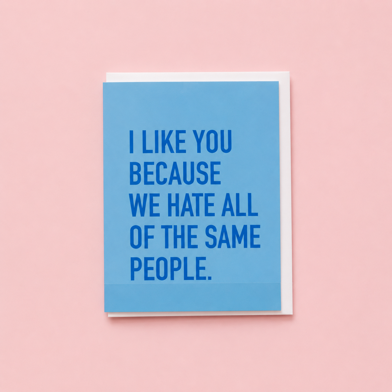 Blue greeting card with the words I LIKE YOU BECAUSE WE HATE ALL OF THE SAME PEOPLE