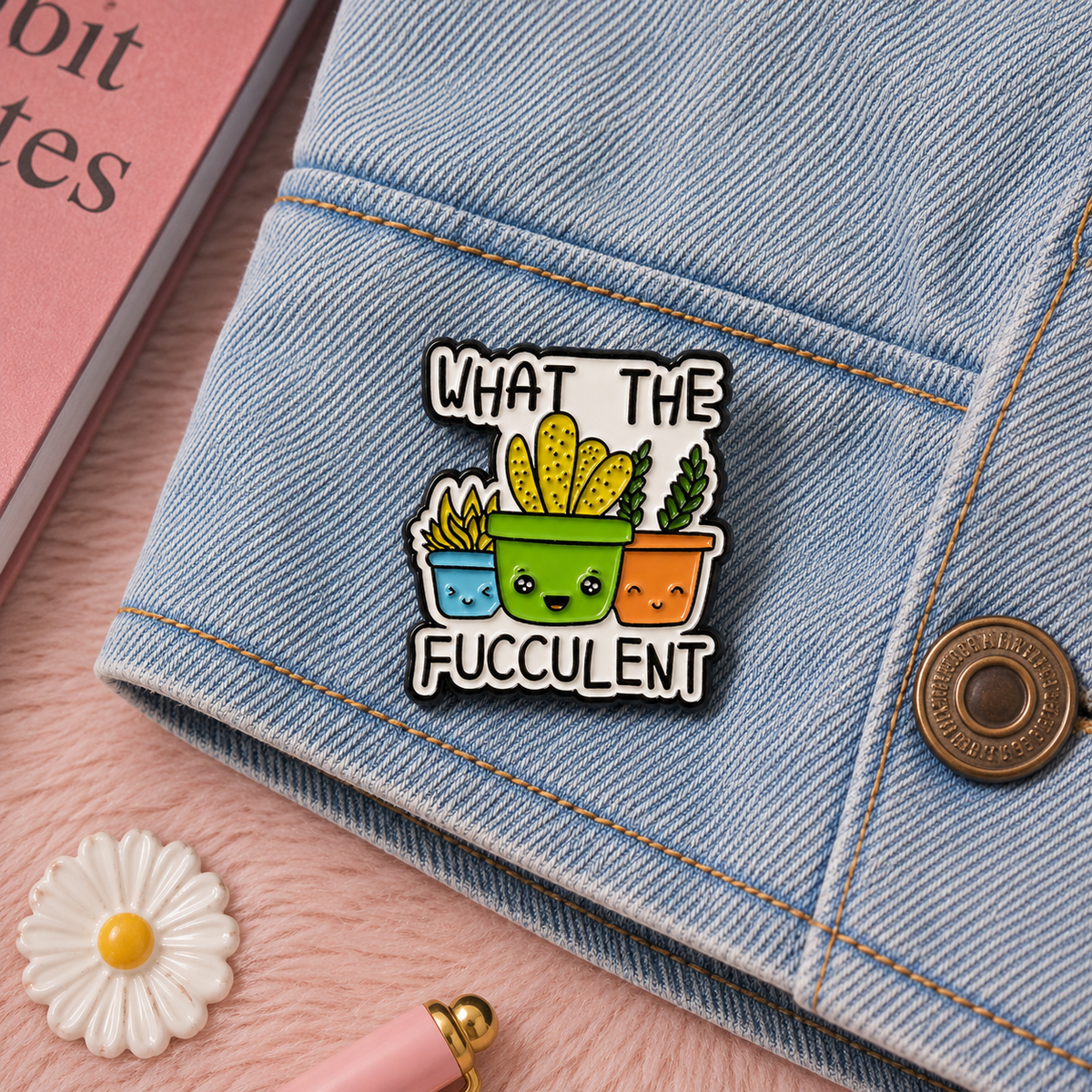 What The Fucculent enamel pin on denim