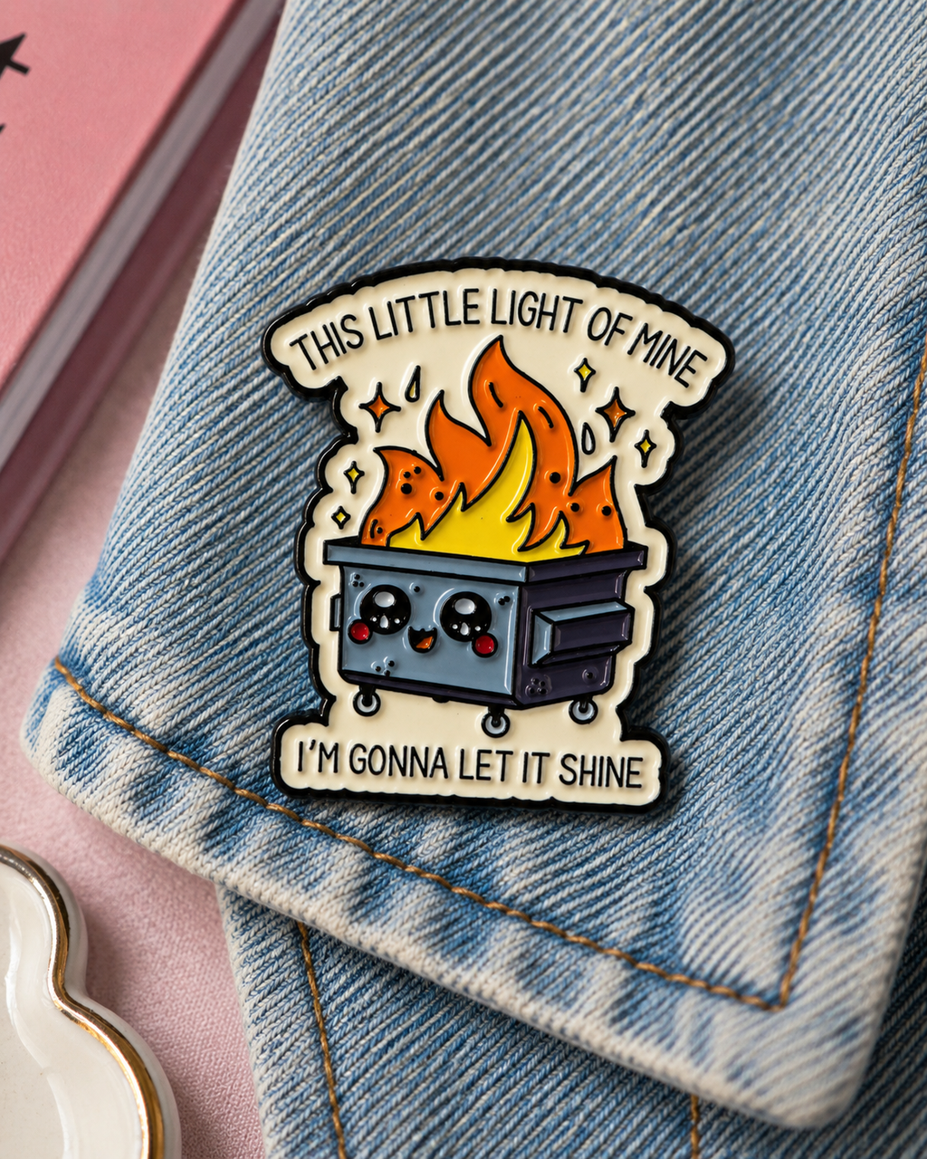 This Little Light Of Mine dumpster fire enamel pin on denim