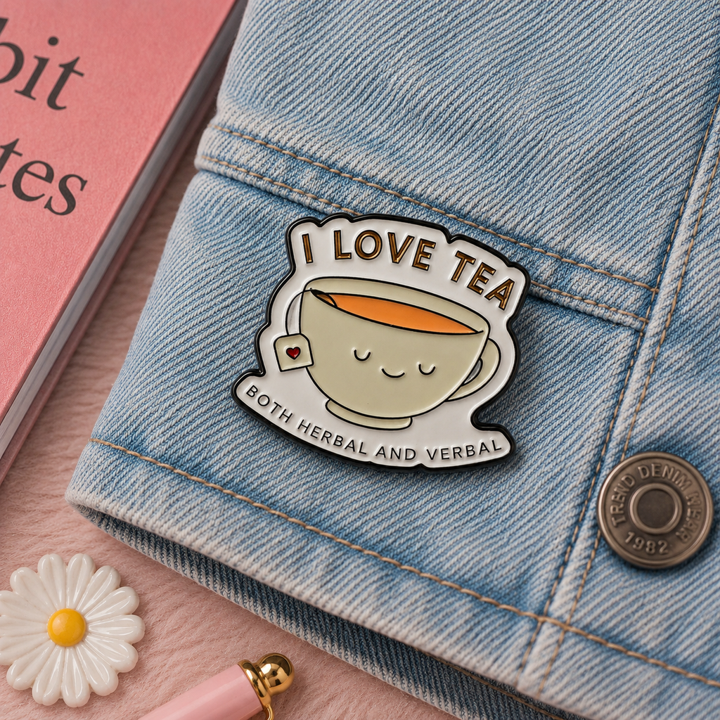 I Love Tea enamel pin on denim