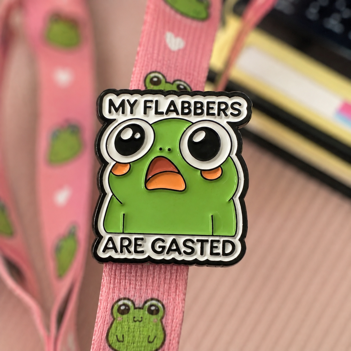 My Flabbers Are Ghasted frog enamel pin close up