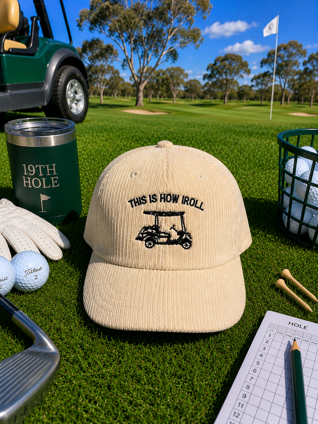 A beige corduroy baseball cap with a black embroidered golf cart and the text 'THIS IS HOW ROLL' sits on a golf course grass, surrounded by golf props including a green 19th hole tumbler, golf balls, a glove, tees, and a club head.