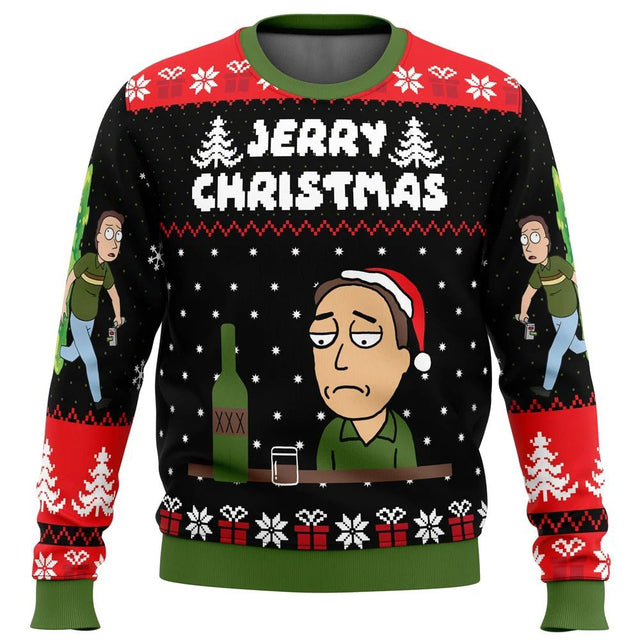 Ugly Christmas sweater with cartoon character and 'Jerry Christmas' text