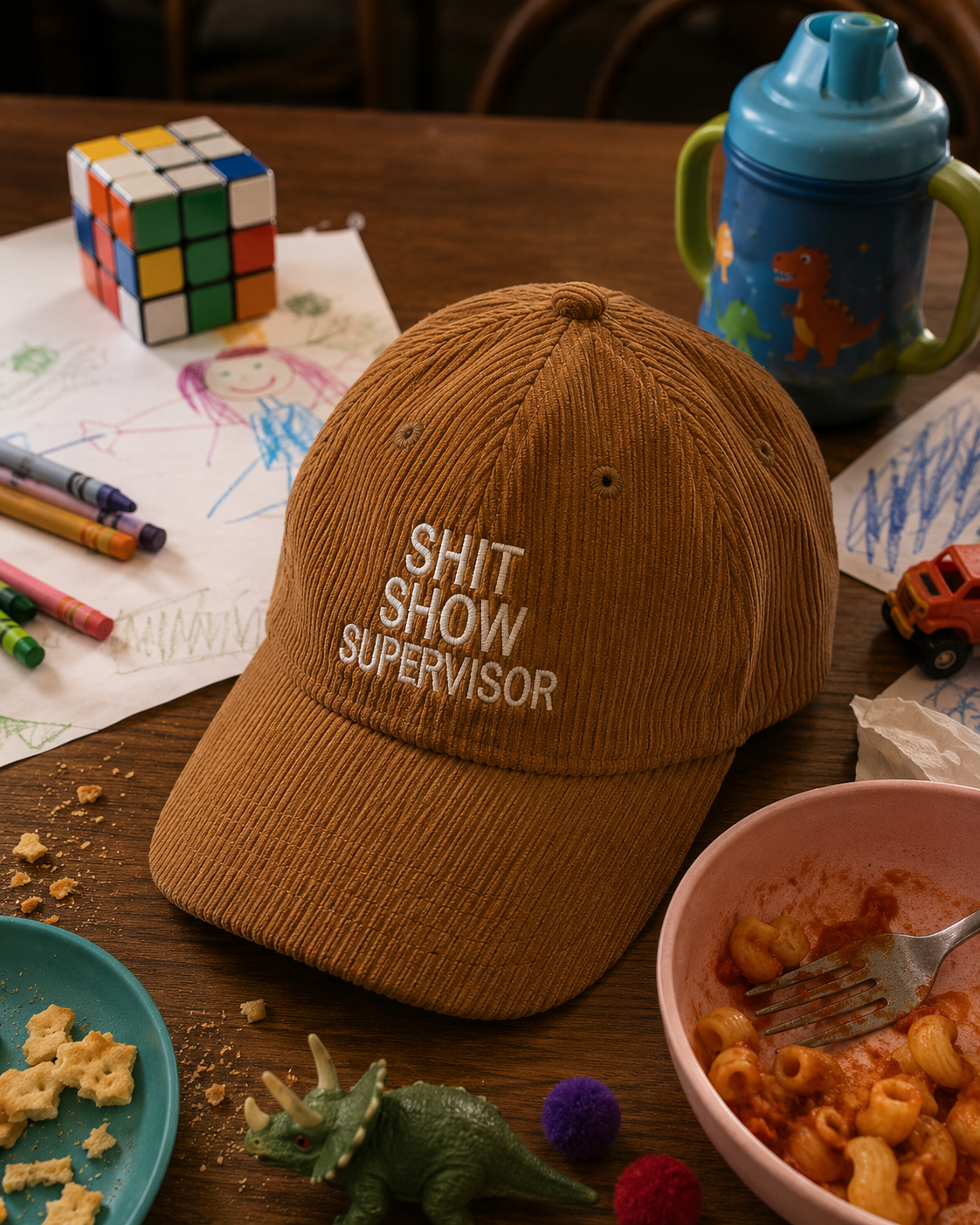 A brown corduroy baseball cap with the words 'SHIT SHOW SUPERVISOR' embroidered in white on the front, styled on a wooden table with children's toys, a Rubik's cube, crayons, a pink bowl of pasta, and a blue tumbler.