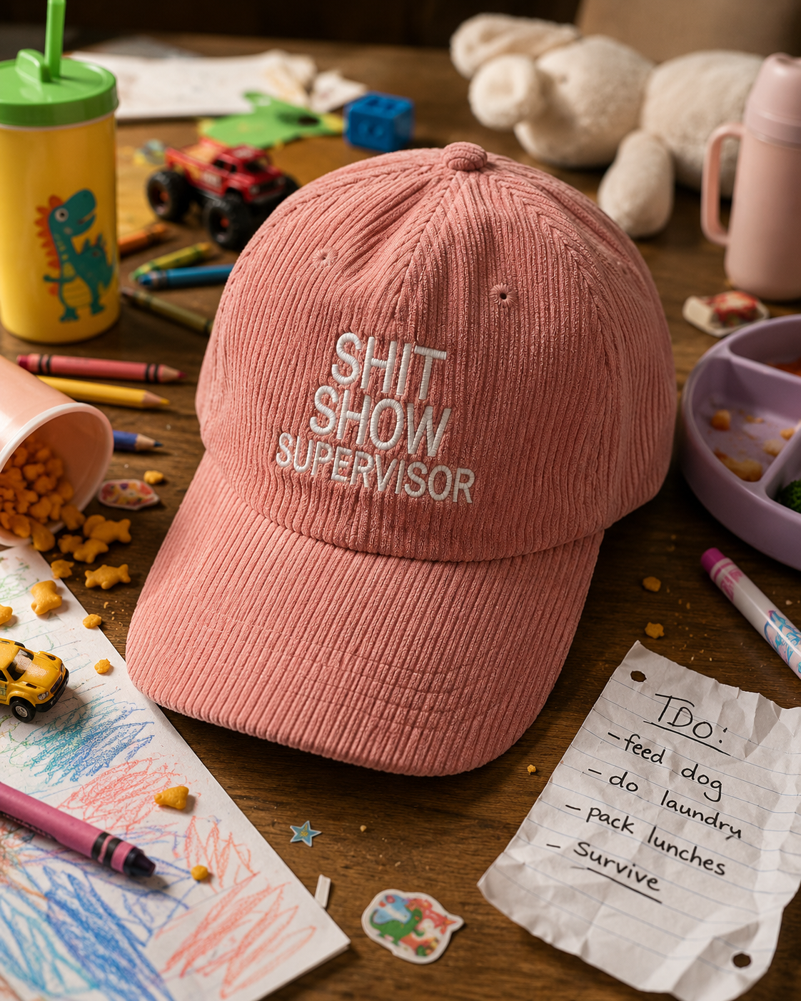 A dusty pink corduroy baseball cap with 'SHIT SHOW SUPERVISOR' embroidered in white on the front, styled on a wooden table surrounded by children's toys, crayons, a notepad, and a yellow dinosaur tumbler.