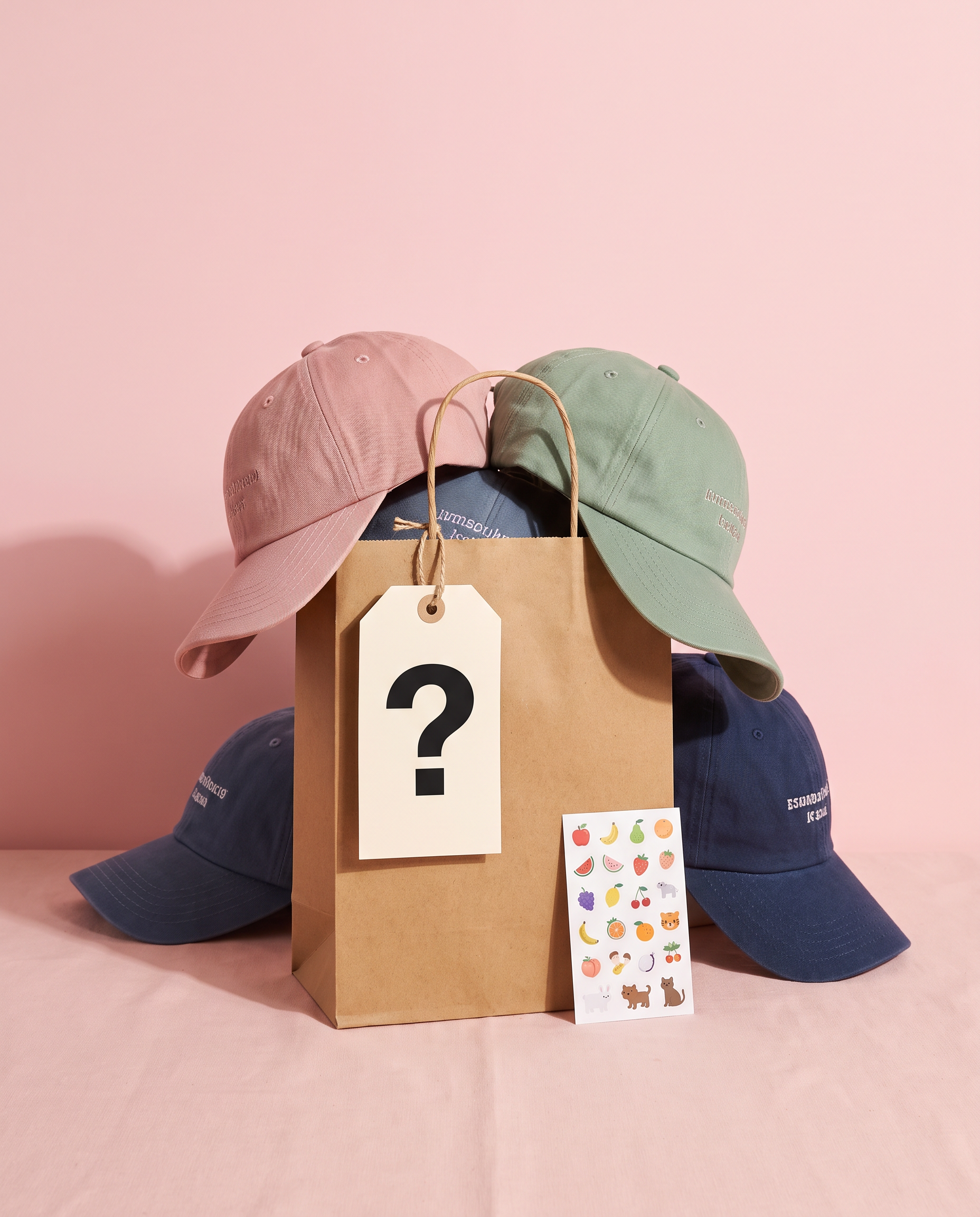 Mystery sample pack: kraft bag with three surprise embroidered caps and a bonus sticker sheet